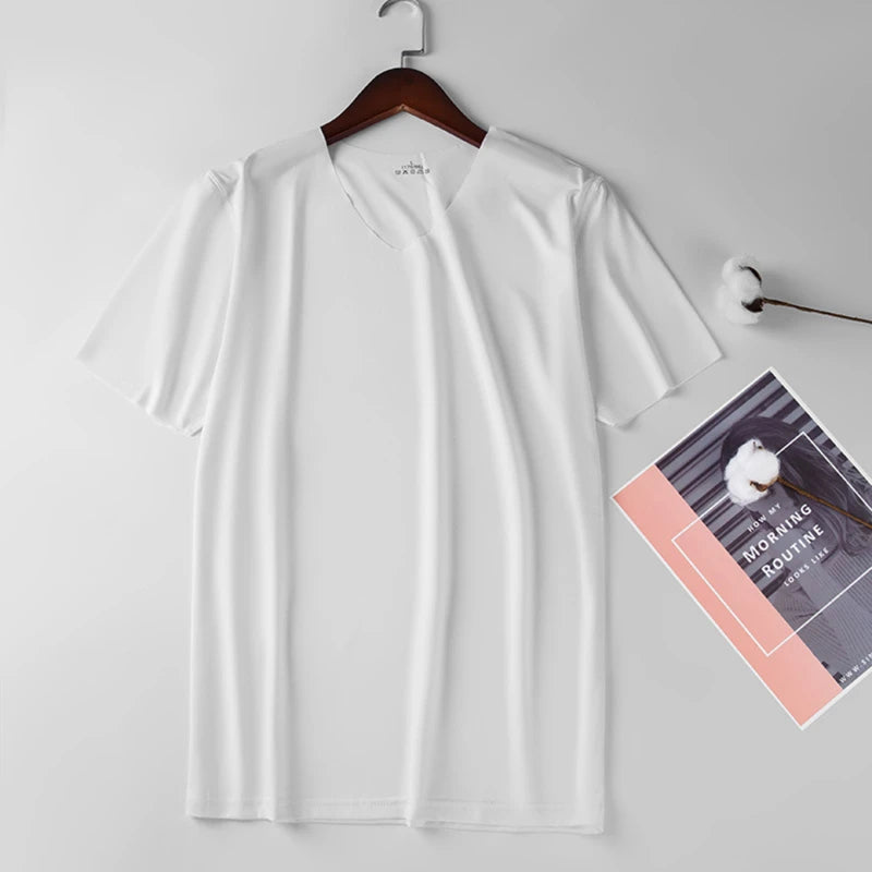 2025 Men's Thin Short Sleeve Ice Silk Without Summer Solid Color T Shirt Trace Slim V-neck Bottoming Seamless Short Sleeve