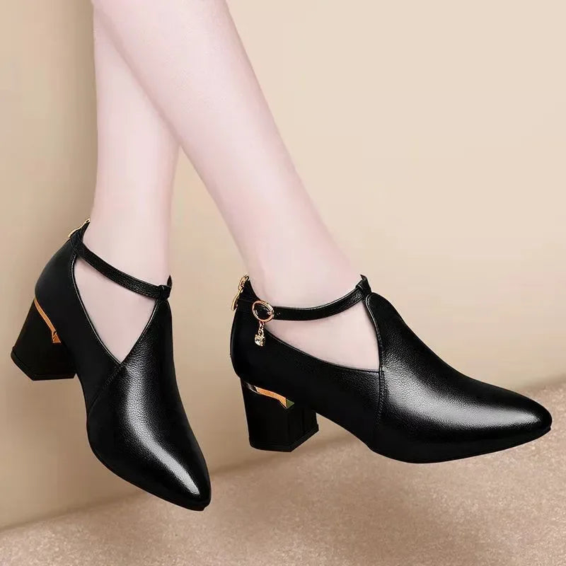 Women Cute Sweet Comfort Spring & Autumn Buckle Strap High Heel Shoes Lady Classic Office Square Heel Shoes A01
