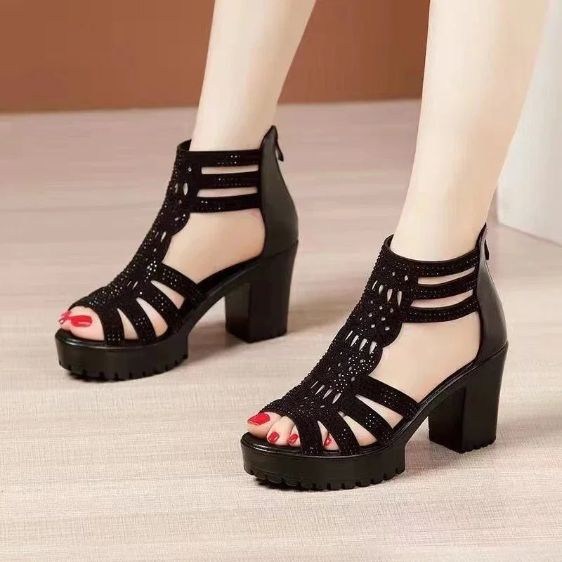 Hot Selling New 2025 Summer Women's Hollow Roman Sandals High-heeled Women's Casual Sandals Open Toed Fish Mouth Shoes