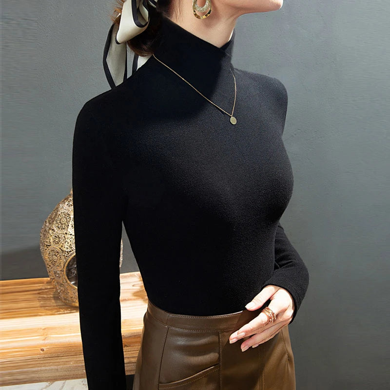 2025 Autumn Winter T Shirt Fleece Fabric Turtleneck Bottoming Tee Shirt Korean Simple Casual Tops Long Sleeve T-shirt Keep Warm