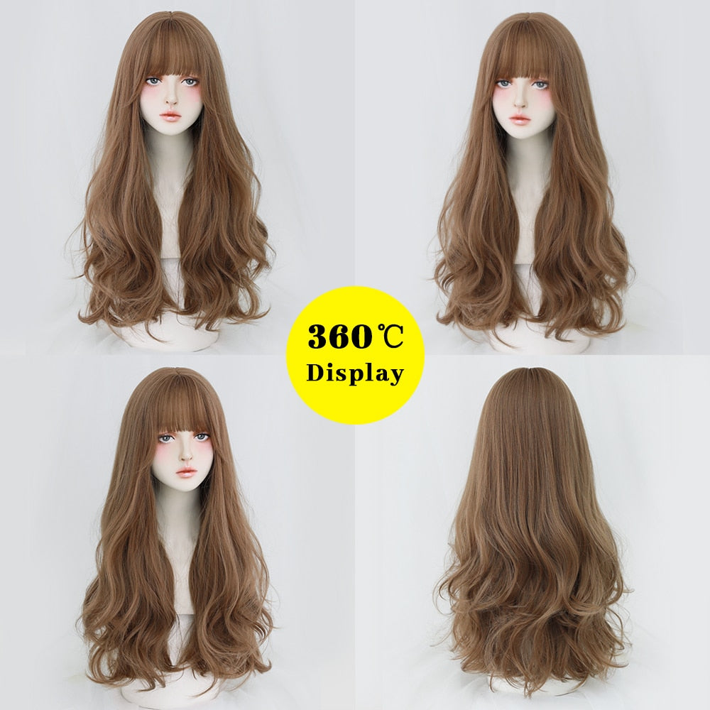 2025 Long Curly Hair Women Wig with Bangs Daily Brown Black Pink Lolita Cosplay Braided Wigs Heat Resistant Fiber Party Fake Hair