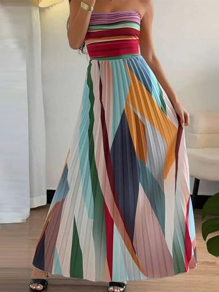Women's Strapless Long Dresses Sleeveless Backless A-Line Dress Rainbow Stripe Color Folds Clothes High Waist Big Skirt Hem Max
