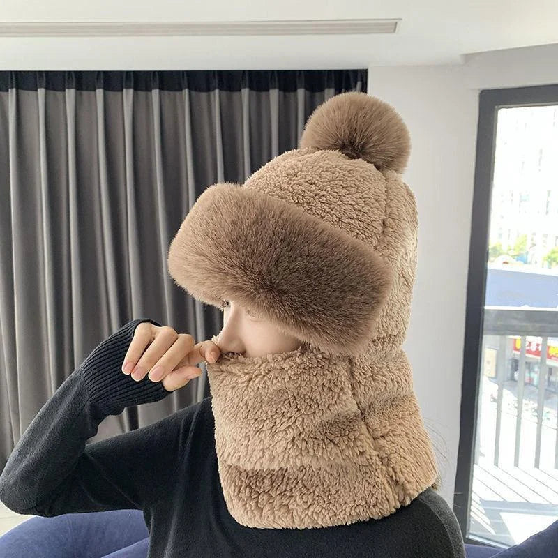 2025 Winter Scarf Set Hooded for Women Plush Neck Warm Russia Outdoor Ski Windproof Hat Thick Plush Fluffy Beanies