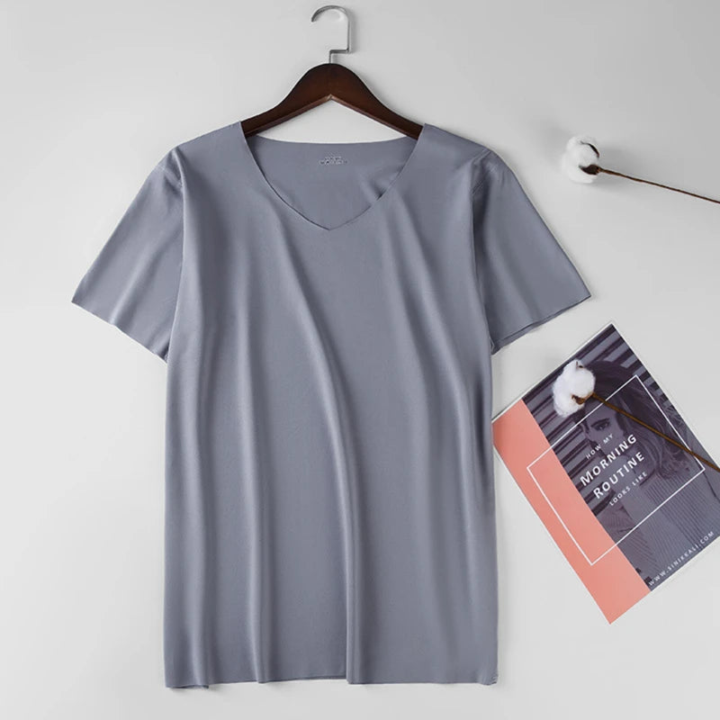 2025 Men's Thin Short Sleeve Ice Silk Without Summer Solid Color T Shirt Trace Slim V-neck Bottoming Seamless Short Sleeve