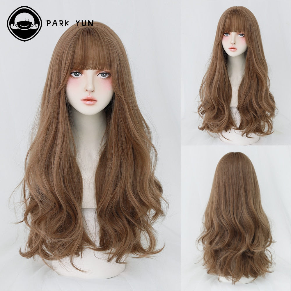 2025 Long Curly Hair Women Wig with Bangs Daily Brown Black Pink Lolita Cosplay Braided Wigs Heat Resistant Fiber Party Fake Hair