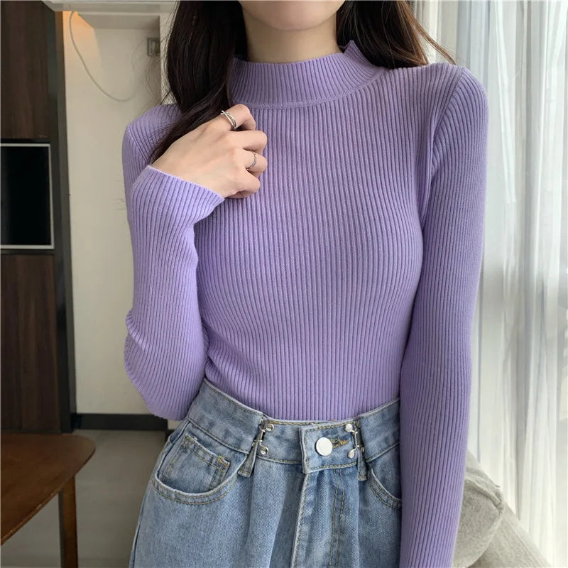 Jocoo Jolee 2025 Autumn Basic Bottoming Sweater Top Women Ribbed Soft Mock Neck Elastic Pullover Warm Solid Color Slim Jumper
