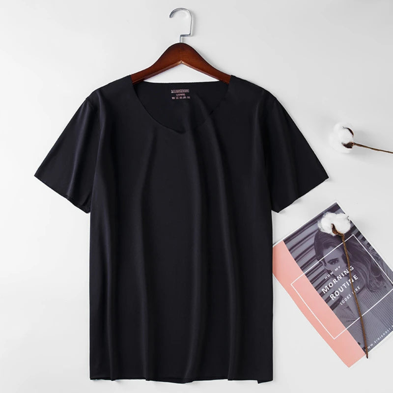 2025 Men's Thin Short Sleeve Ice Silk Without Summer Solid Color T Shirt Trace Slim V-neck Bottoming Seamless Short Sleeve