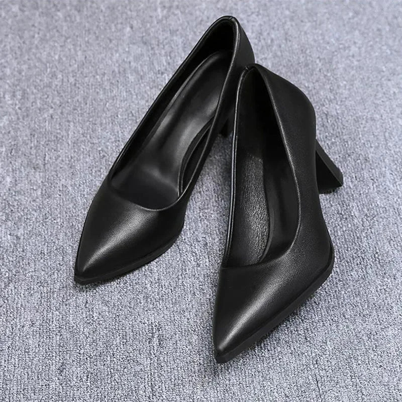 Soft PU Non-slip Single Shoe Work Shoes Women's Pumps Black Professional Interview High Heels Mid Heeled Work Leather Shoes