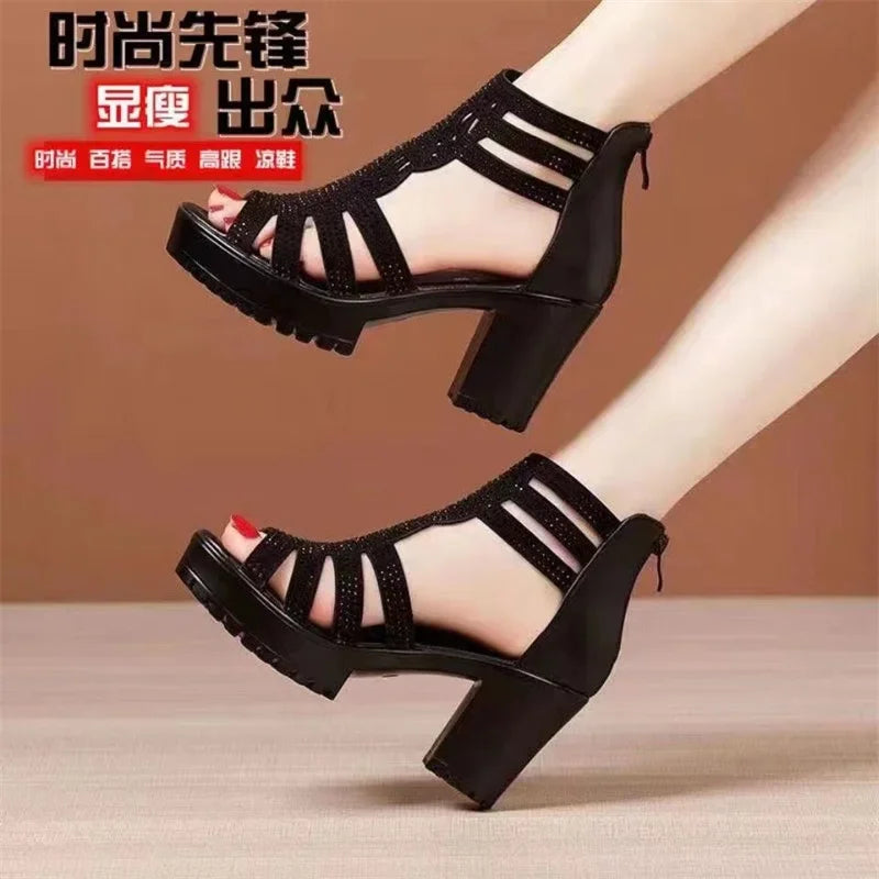 Hot Selling New 2025 Summer Women's Hollow Roman Sandals High-heeled Women's Casual Sandals Open Toed Fish Mouth Shoes