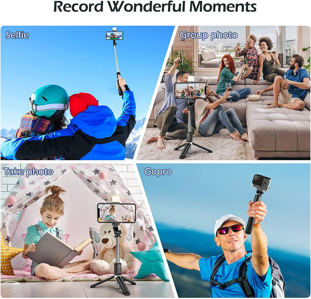 2025 Lighted Wireless Bluetooth Selfie Stick Foldable Portable Tripod with Fill Light Shutter Remote Control for Android iPhone Phone