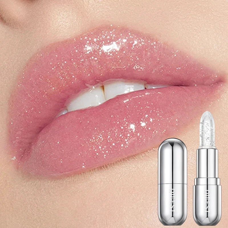 QIBEST Glitter Lipstick Lip Balm Color Change Transparent Moisturizing Crystal Jelly Pearlescent Lip Plumper Gloss Tint Cosmetic