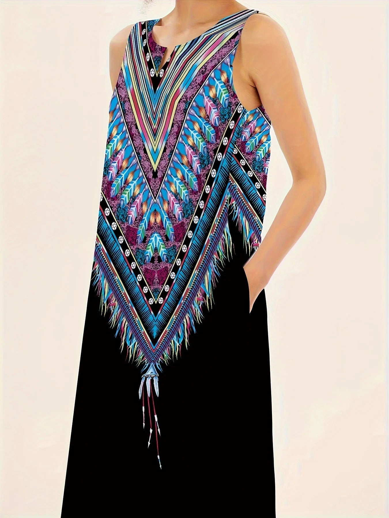 Women'S Loose Dress Summer Casual Feather Print Dress Women'S Plus-Size V-Neck Sleeveless Dress Fashion Elegant Evening Dress