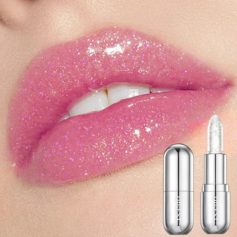 QIBEST Glitter Lipstick Lip Balm Color Change Transparent Moisturizing Crystal Jelly Pearlescent Lip Plumper Gloss Tint Cosmetic