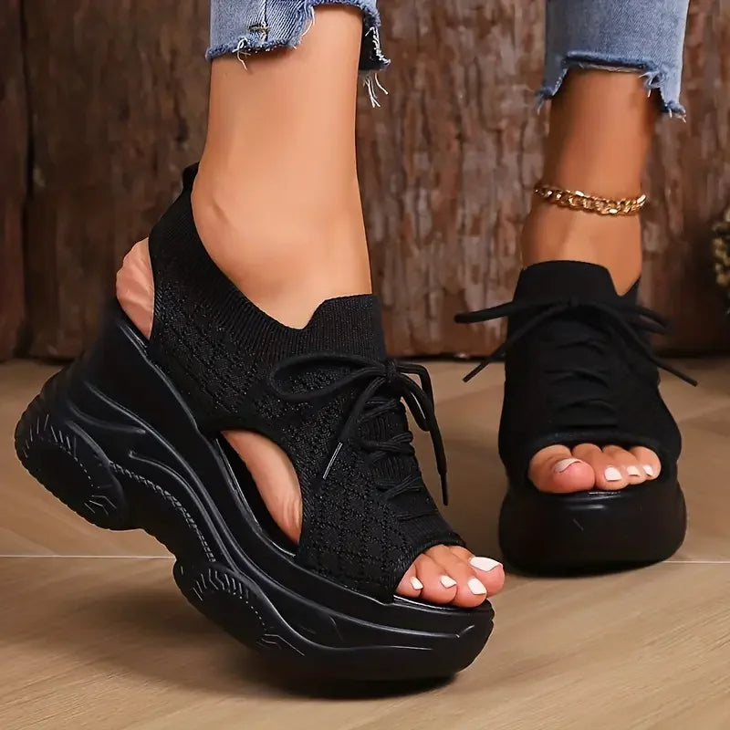 New Summer Fashion Comfortable Round-toe Wedge Light Roman Sandals Non-slip Thick-soled Lace-up Casual Sneakers for Women