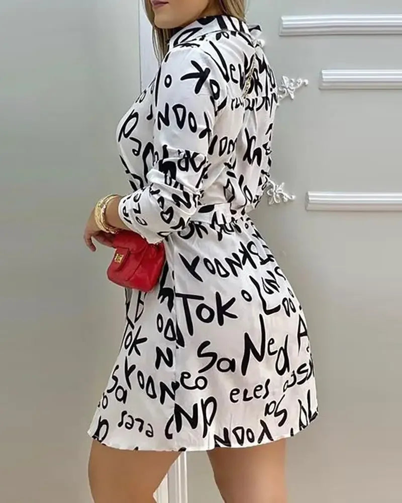 2025 Women Elegant Dress Letter Print Long Sleeve Casual Shirt Dress Summer Vacation Dress For vestidos de fiesta