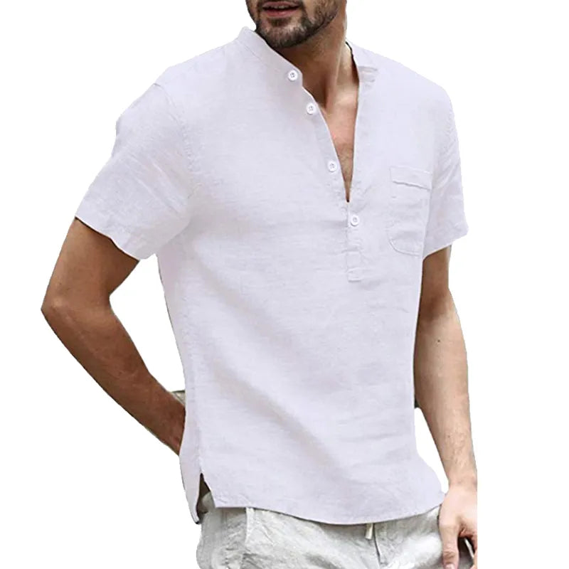 2025 Summer Fashion Cotton Linen Casual T-Shirts Casual Male Short Sleeve V-Collar Breathable Men's Tee Button-up T S-5XL