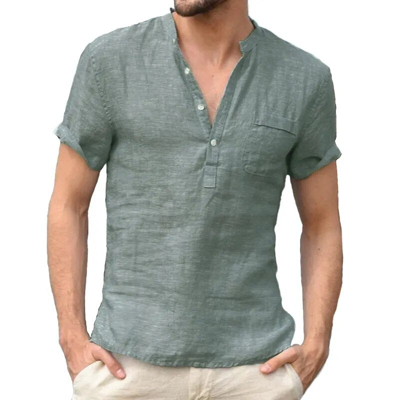 2025 Summer Fashion Cotton Linen Casual T-Shirts Casual Male Short Sleeve V-Collar Breathable Men's Tee Button-up T S-5XL