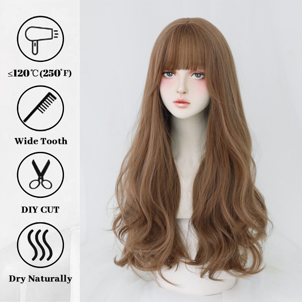 2025 Long Curly Hair Women Wig with Bangs Daily Brown Black Pink Lolita Cosplay Braided Wigs Heat Resistant Fiber Party Fake Hair