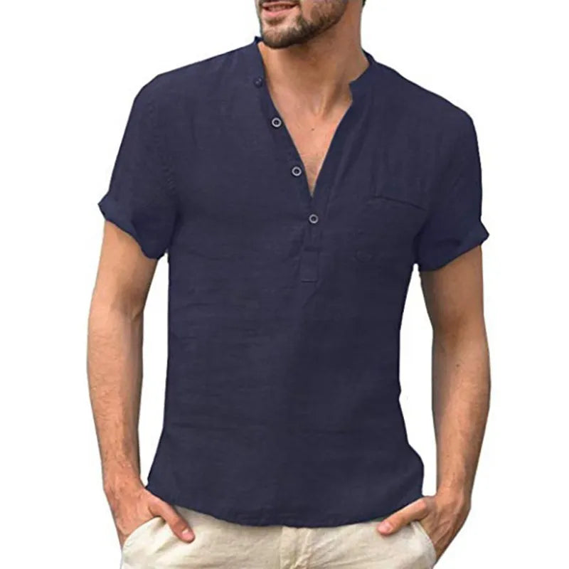 2025 Summer Fashion Cotton Linen Casual T-Shirts Casual Male Short Sleeve V-Collar Breathable Men's Tee Button-up T S-5XL