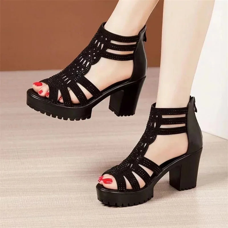 Hot Selling New 2025 Summer Women's Hollow Roman Sandals High-heeled Women's Casual Sandals Open Toed Fish Mouth Shoes