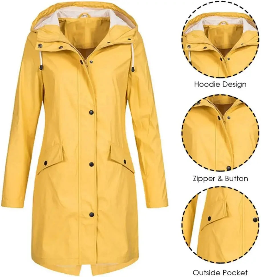 2025 New Arrival Women Clothes Solid Rain Waterproof Jacket Coat Outdoor Hoodie Long Overcoat Plus Size Duster Coats For Women