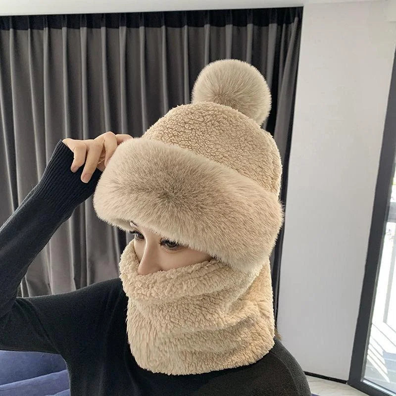 2025 Winter Scarf Set Hooded for Women Plush Neck Warm Russia Outdoor Ski Windproof Hat Thick Plush Fluffy Beanies