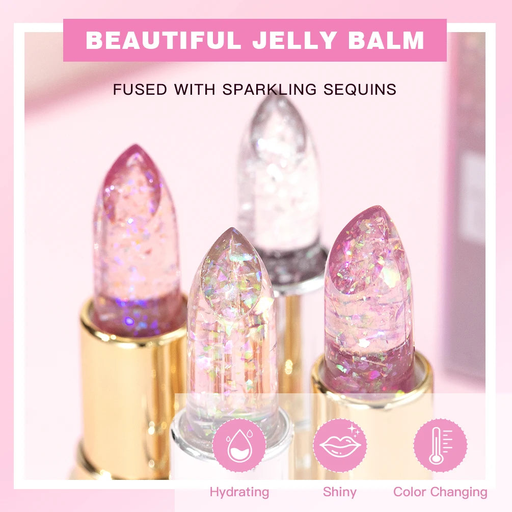 QIBEST Glitter Lipstick Lip Balm Color Change Transparent Moisturizing Crystal Jelly Pearlescent Lip Plumper Gloss Tint Cosmetic