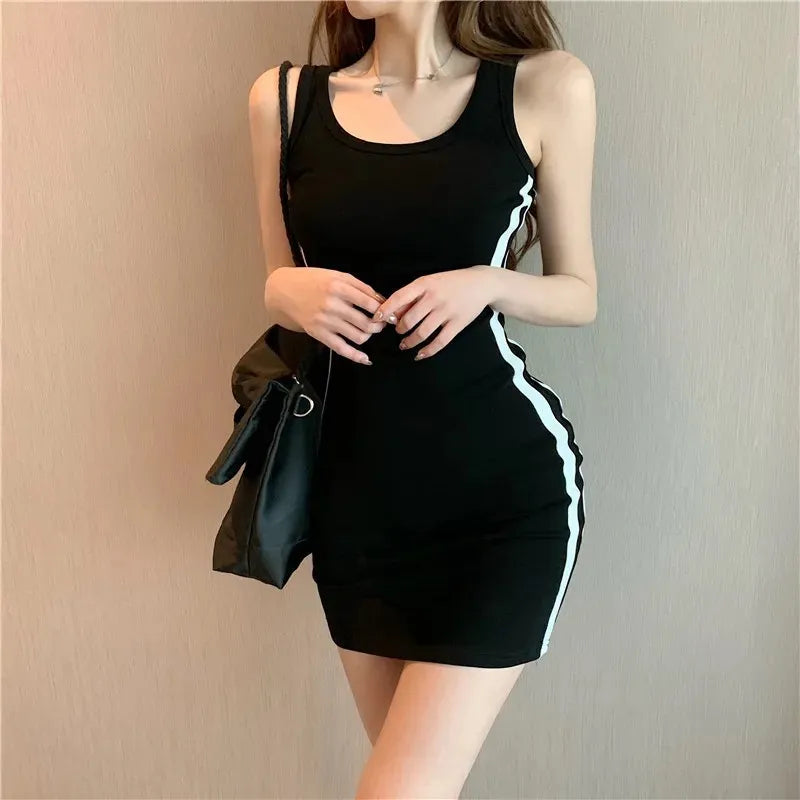 2025 Summer Women Casual Sheath Dress Lady Spaghetti Strap Sleeveless Sexy Stretch Slim Dress Vestidos QT030