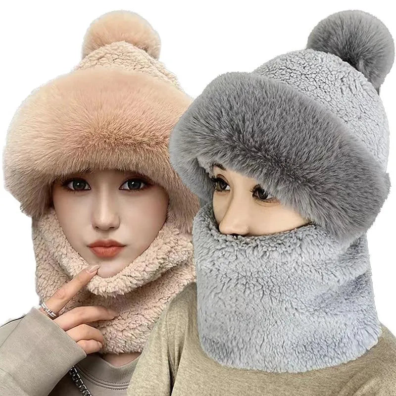2025 Winter Scarf Set Hooded for Women Plush Neck Warm Russia Outdoor Ski Windproof Hat Thick Plush Fluffy Beanies