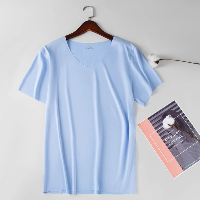 2025 Men's Thin Short Sleeve Ice Silk Without Summer Solid Color T Shirt Trace Slim V-neck Bottoming Seamless Short Sleeve
