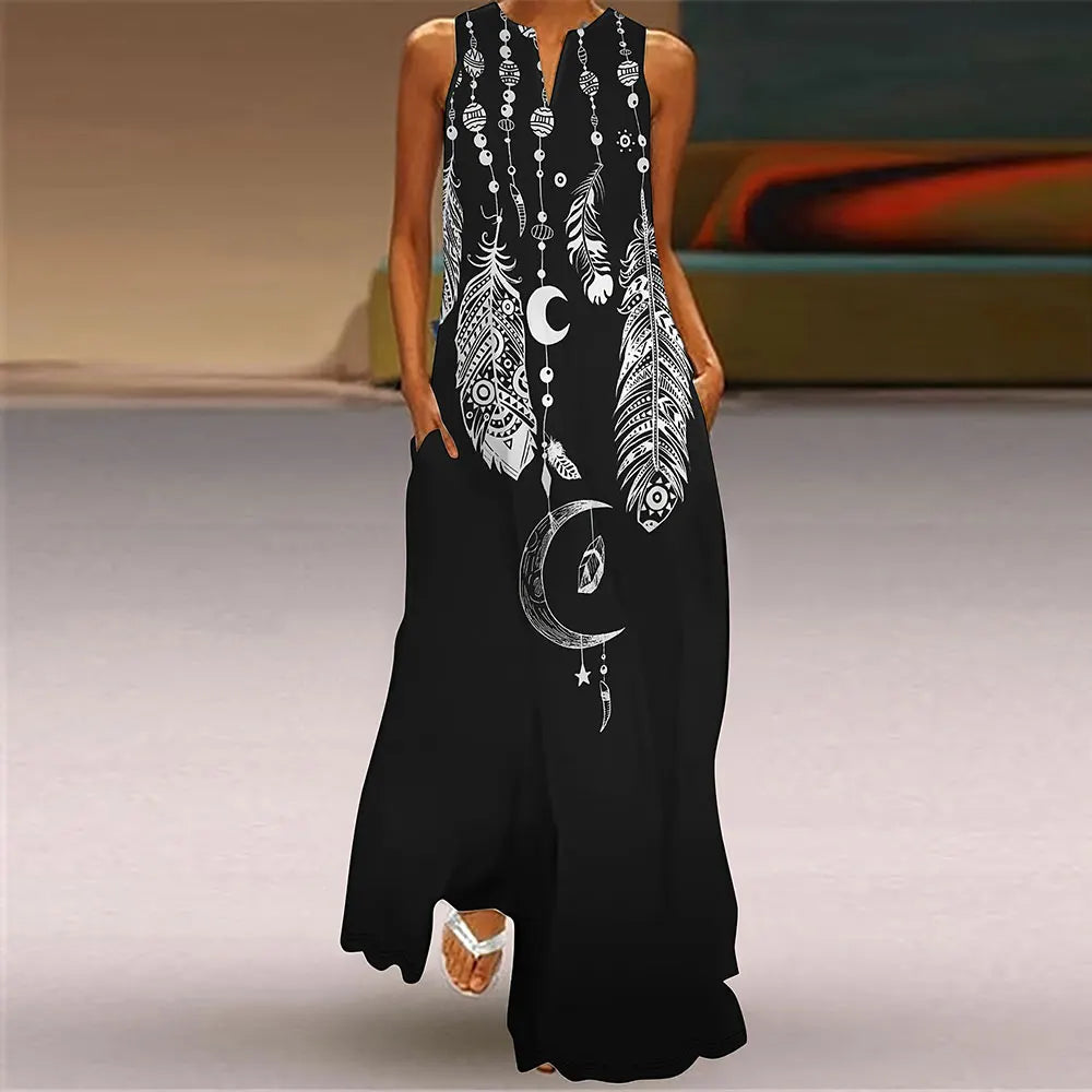 Women'S Loose Dress Summer Casual Feather Print Dress Women'S Plus-Size V-Neck Sleeveless Dress Fashion Elegant Evening Dress