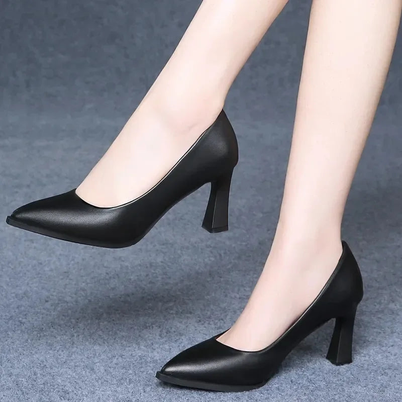 Soft PU Non-slip Single Shoe Work Shoes Women's Pumps Black Professional Interview High Heels Mid Heeled Work Leather Shoes