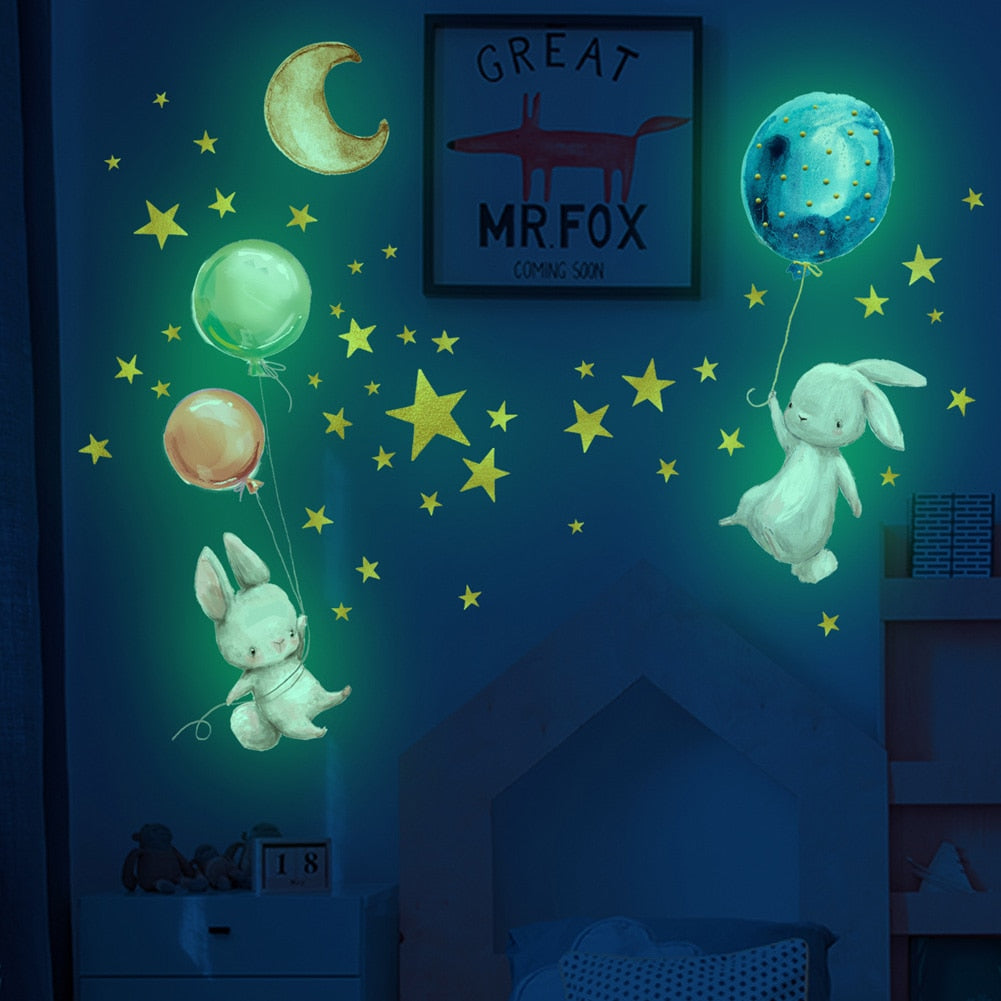 2025 Cartoon Bunny Balloon Wall Sticker Bedroom Living Room Home Decoration Kids Room Wallpaper Glow In The Dark Cute Rabbit Stickers