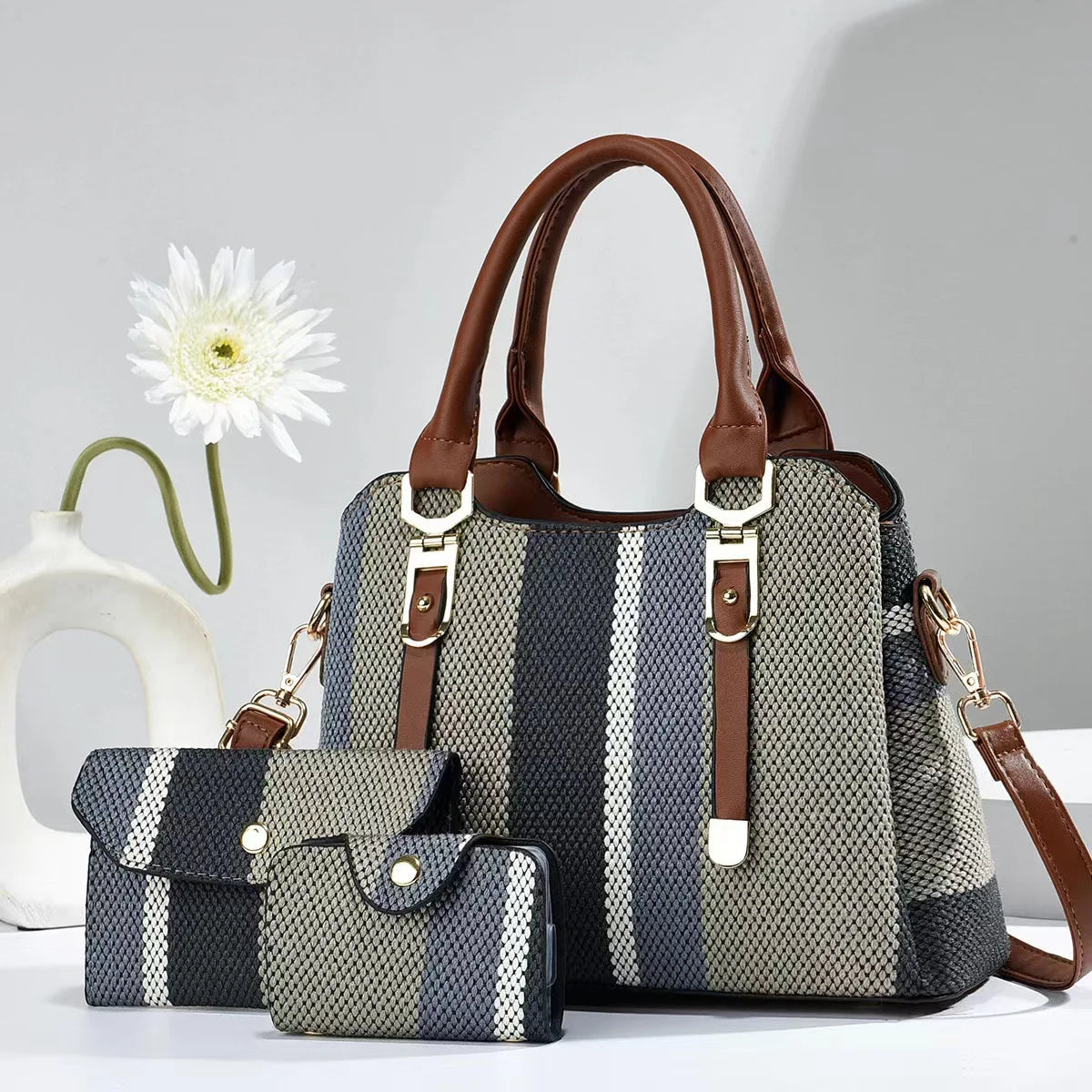 Luxury Brand Designer Women's Handbag+wallet Fashionable New Striped Shoulder Bag Large Capacity Crossbody Bag Commuting Handbag