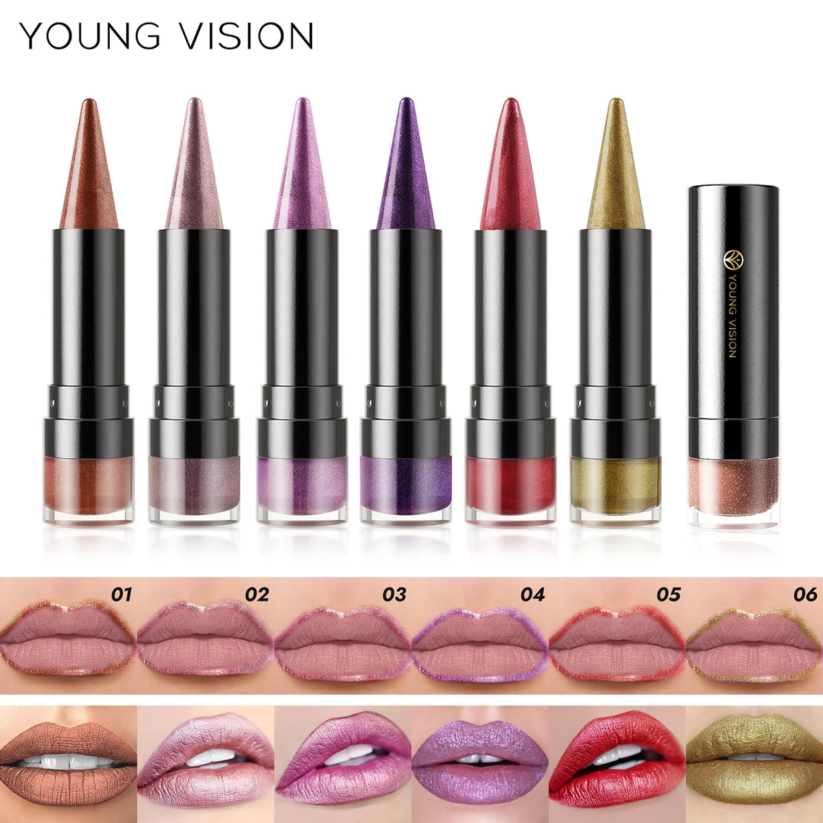 YOUNG VISION 6 colors matte pearl fine glitter diamond dual-purpose lipstick long-lasting easy to color non-stick cup lipstick