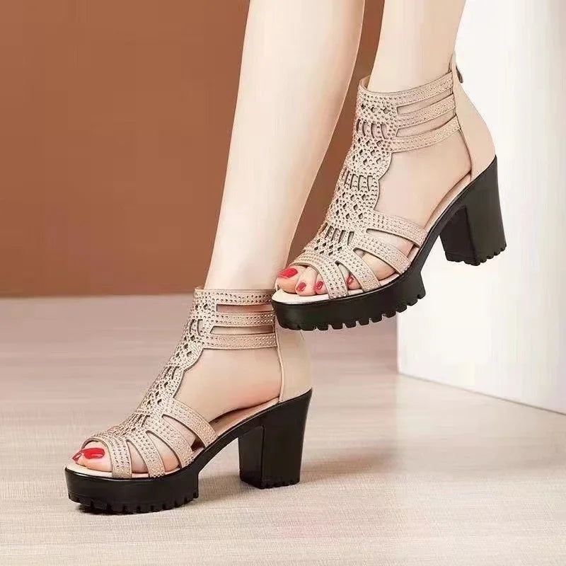 Hot Selling New 2025 Summer Women's Hollow Roman Sandals High-heeled Women's Casual Sandals Open Toed Fish Mouth Shoes