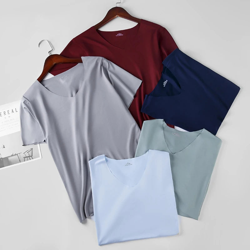 2025 Men's Thin Short Sleeve Ice Silk Without Summer Solid Color T Shirt Trace Slim V-neck Bottoming Seamless Short Sleeve