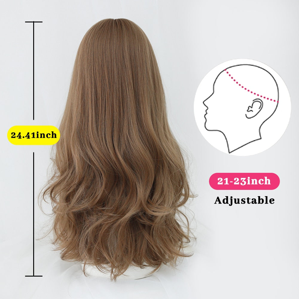 2025 Long Curly Hair Women Wig with Bangs Daily Brown Black Pink Lolita Cosplay Braided Wigs Heat Resistant Fiber Party Fake Hair