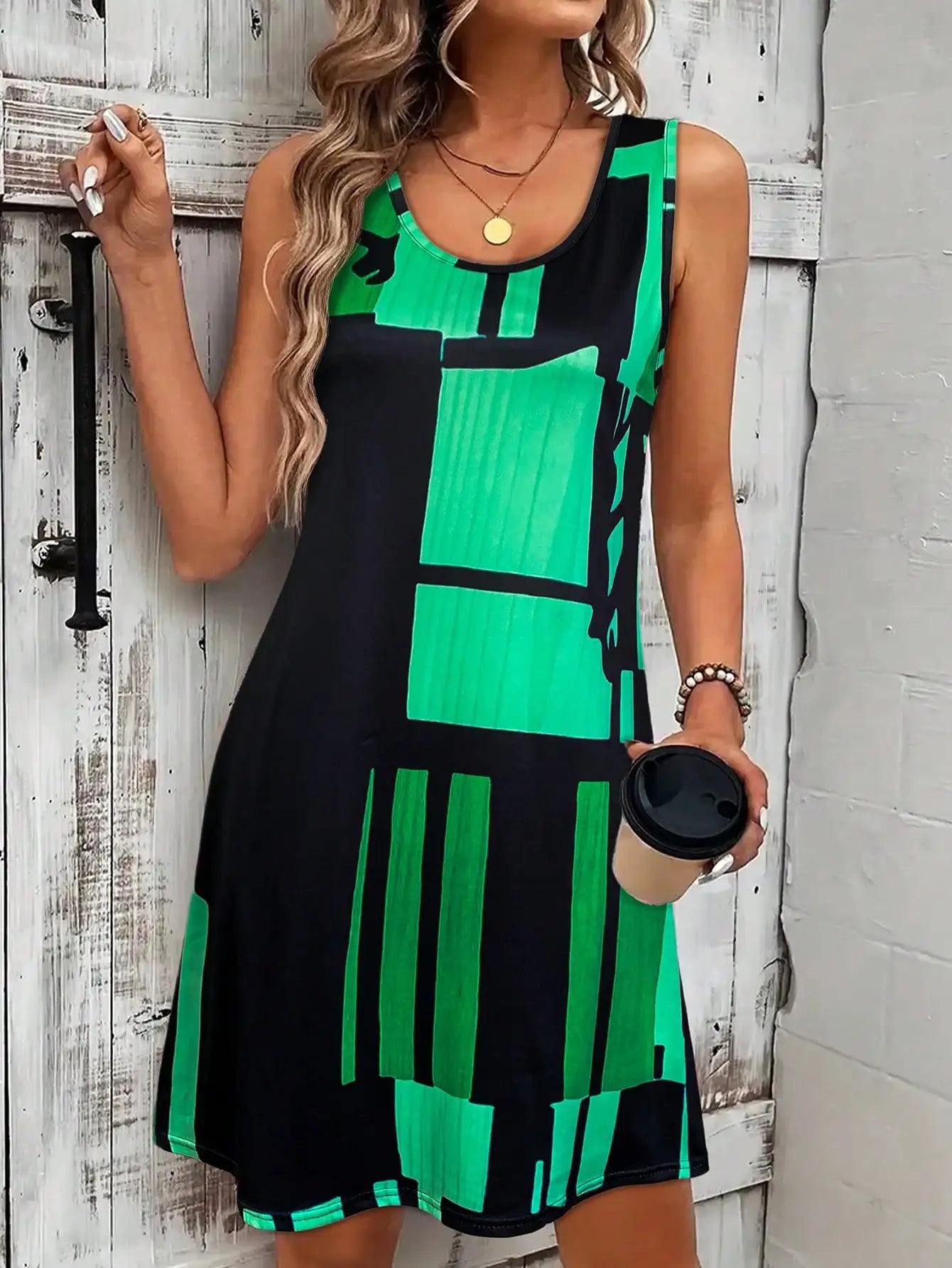 Spring&Summer Women's Geometric Pattern Sleeveless Dress For Summer Vacation,dresses for women summer,Women Bohemia Midi Dresses