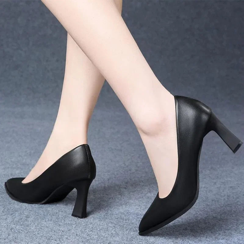 Soft PU Non-slip Single Shoe Work Shoes Women's Pumps Black Professional Interview High Heels Mid Heeled Work Leather Shoes