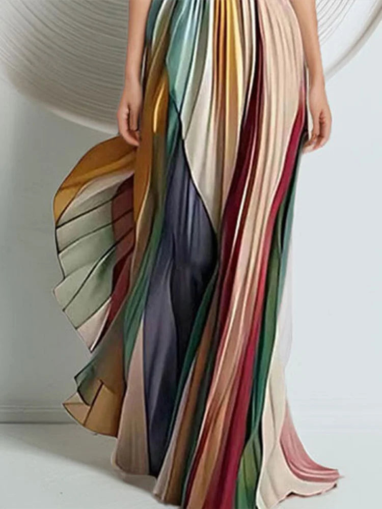 Women's Strapless Long Dresses Sleeveless Backless A-Line Dress Rainbow Stripe Color Folds Clothes High Waist Big Skirt Hem Max