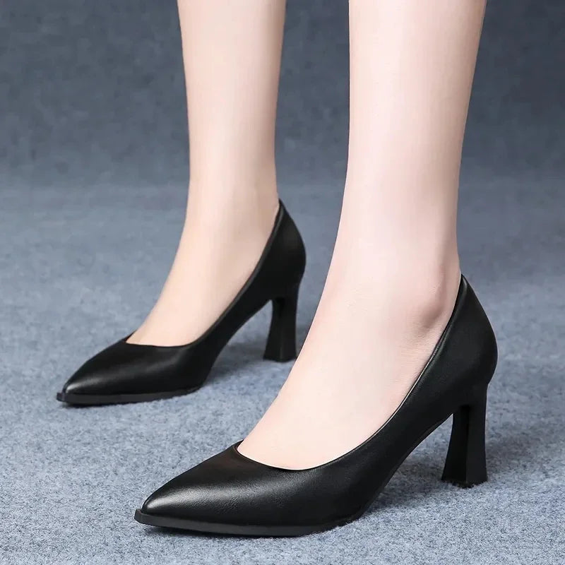 Soft PU Non-slip Single Shoe Work Shoes Women's Pumps Black Professional Interview High Heels Mid Heeled Work Leather Shoes