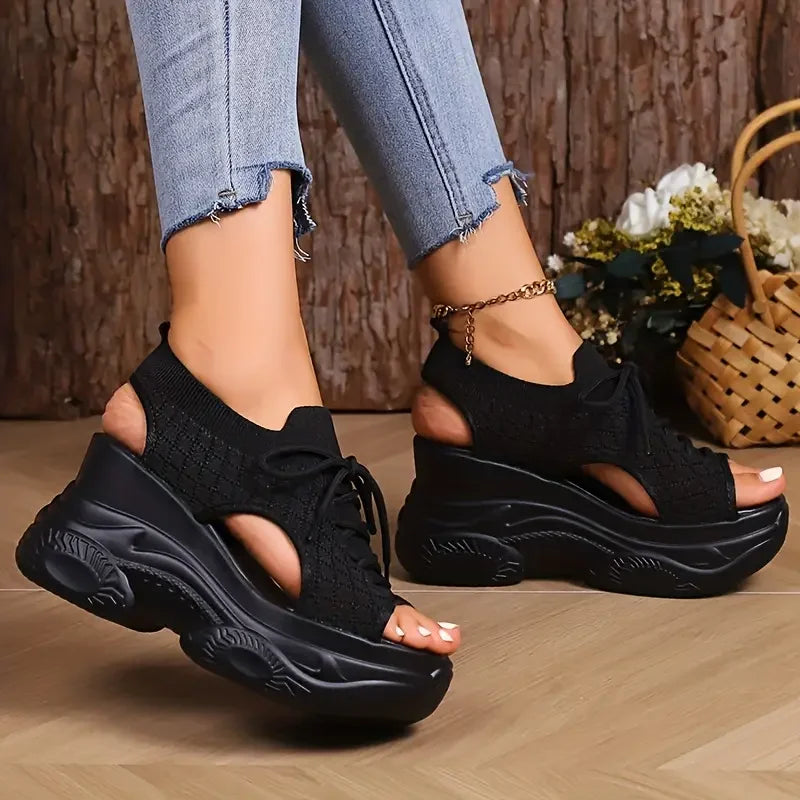 New Summer Fashion Comfortable Round-toe Wedge Light Roman Sandals Non-slip Thick-soled Lace-up Casual Sneakers for Women