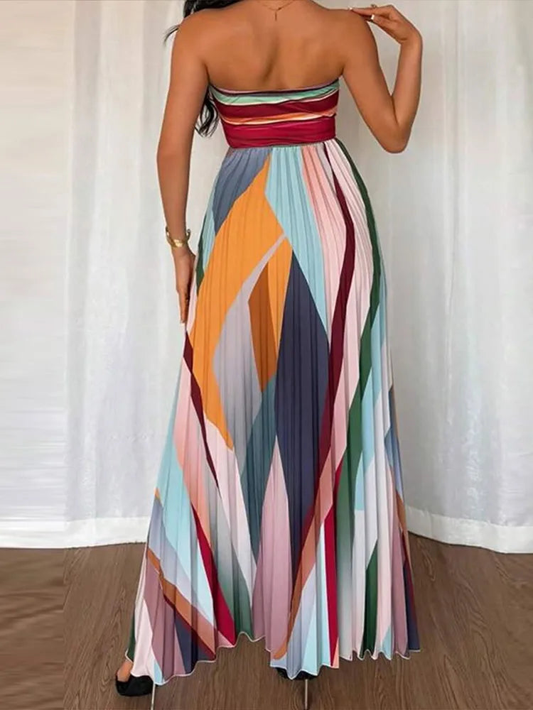 Women's Strapless Long Dresses Sleeveless Backless A-Line Dress Rainbow Stripe Color Folds Clothes High Waist Big Skirt Hem Max