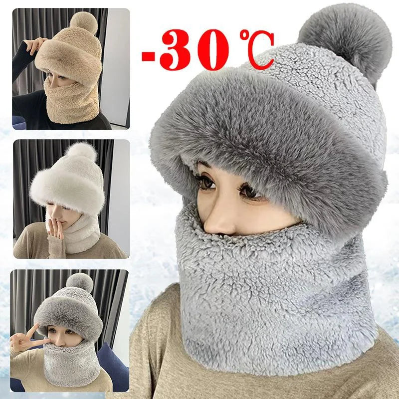 2025 Winter Scarf Set Hooded for Women Plush Neck Warm Russia Outdoor Ski Windproof Hat Thick Plush Fluffy Beanies