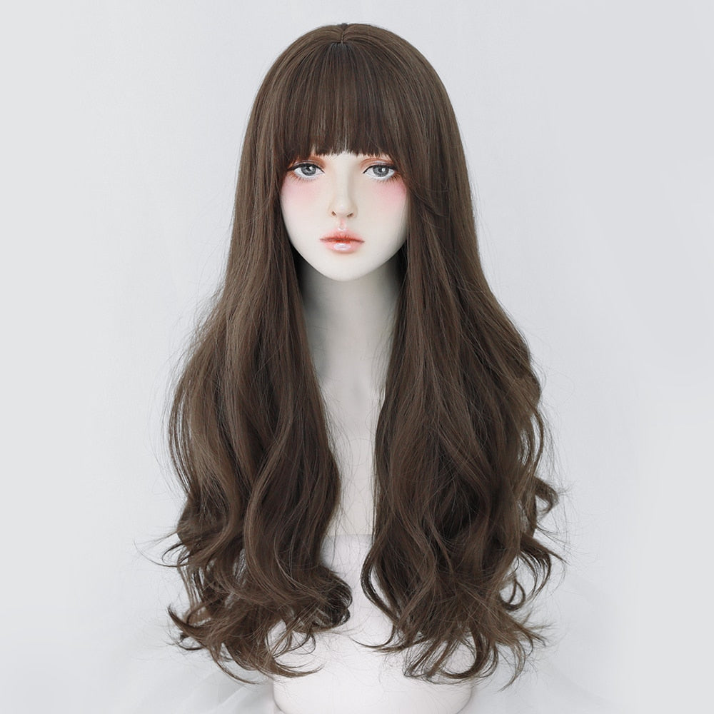 2025 Long Curly Hair Women Wig with Bangs Daily Brown Black Pink Lolita Cosplay Braided Wigs Heat Resistant Fiber Party Fake Hair