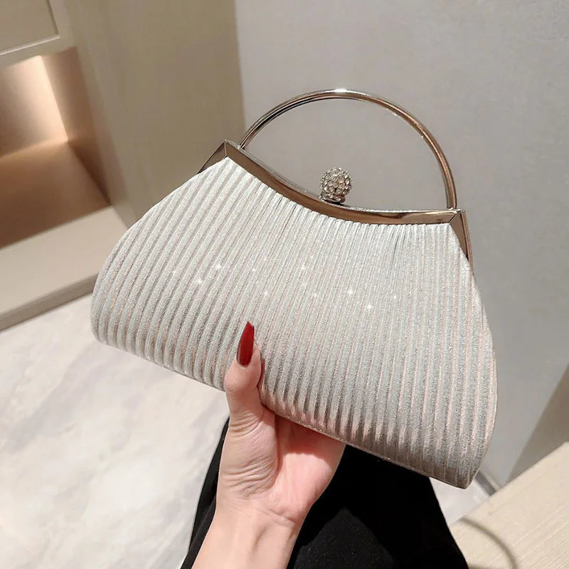 Pleated Evening Handbag Women Top Handle Glitter Day Clutch Ladies Wedding Dinner Dressed Clip Bag Diamond Party Purse Gold