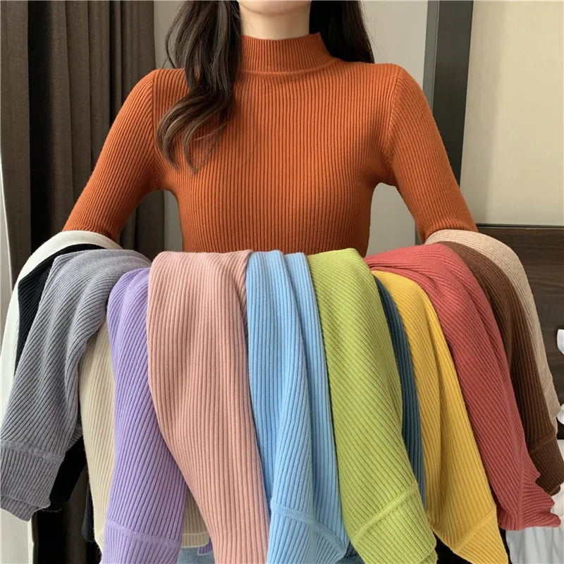 Jocoo Jolee 2025 Autumn Basic Bottoming Sweater Top Women Ribbed Soft Mock Neck Elastic Pullover Warm Solid Color Slim Jumper