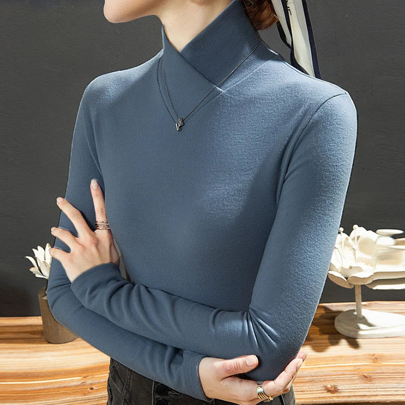 2025 Autumn Winter T Shirt Fleece Fabric Turtleneck Bottoming Tee Shirt Korean Simple Casual Tops Long Sleeve T-shirt Keep Warm