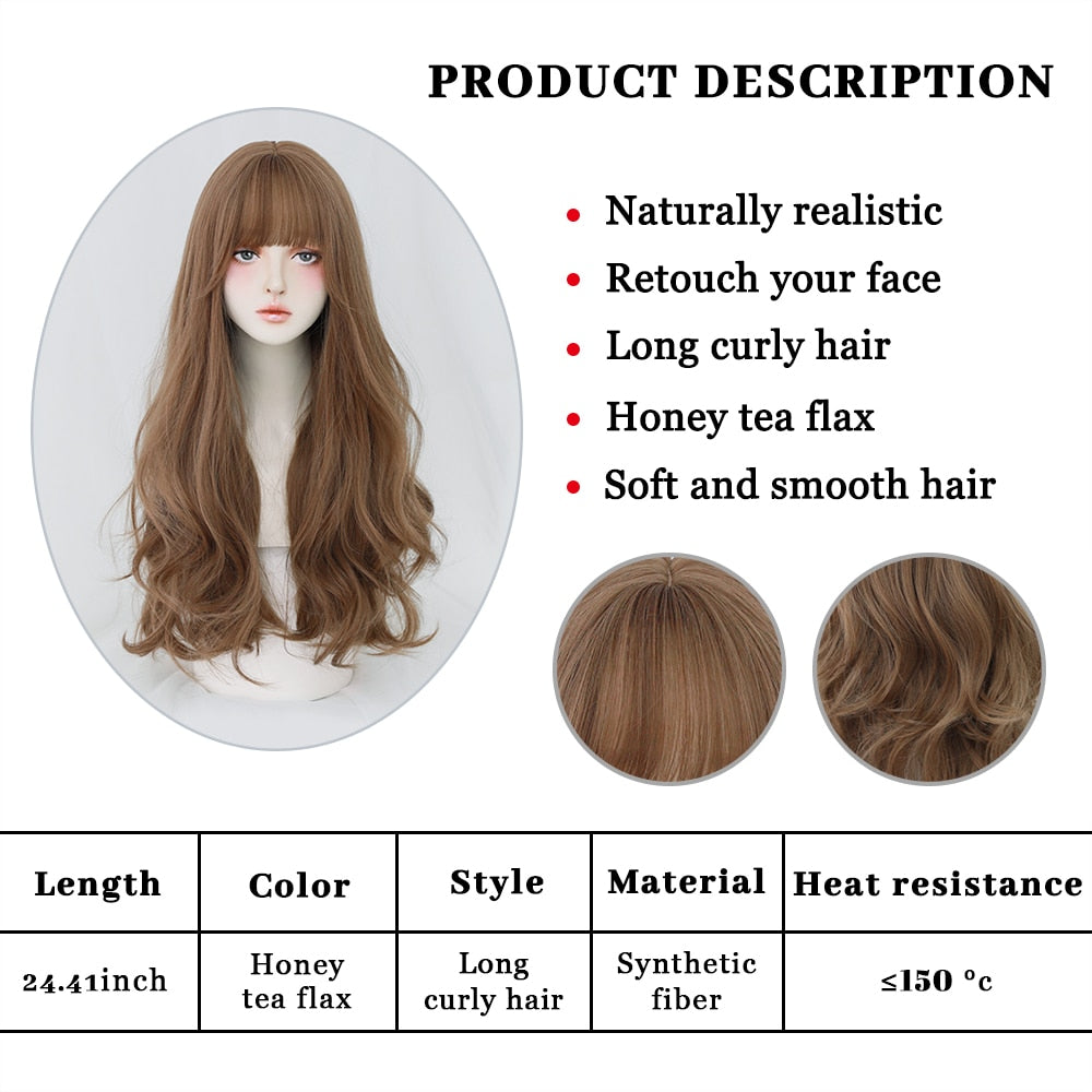 2025 Long Curly Hair Women Wig with Bangs Daily Brown Black Pink Lolita Cosplay Braided Wigs Heat Resistant Fiber Party Fake Hair